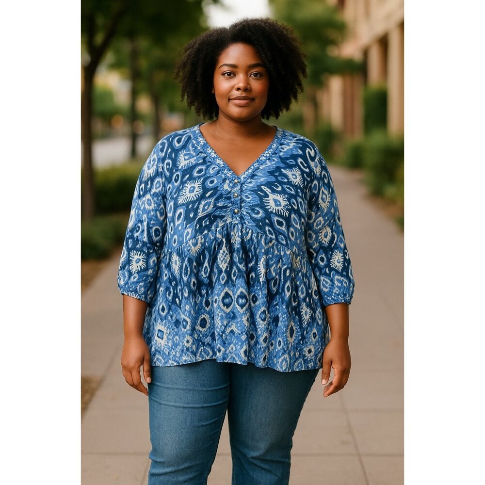 Avenue Womens Blue & White Boho Tunic Top With Button Details Size 22/24